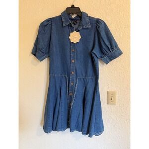 Indulge Instyle Womens Blue Denim‎ Puff Sleeve Button Front Pleated Mini Dress M